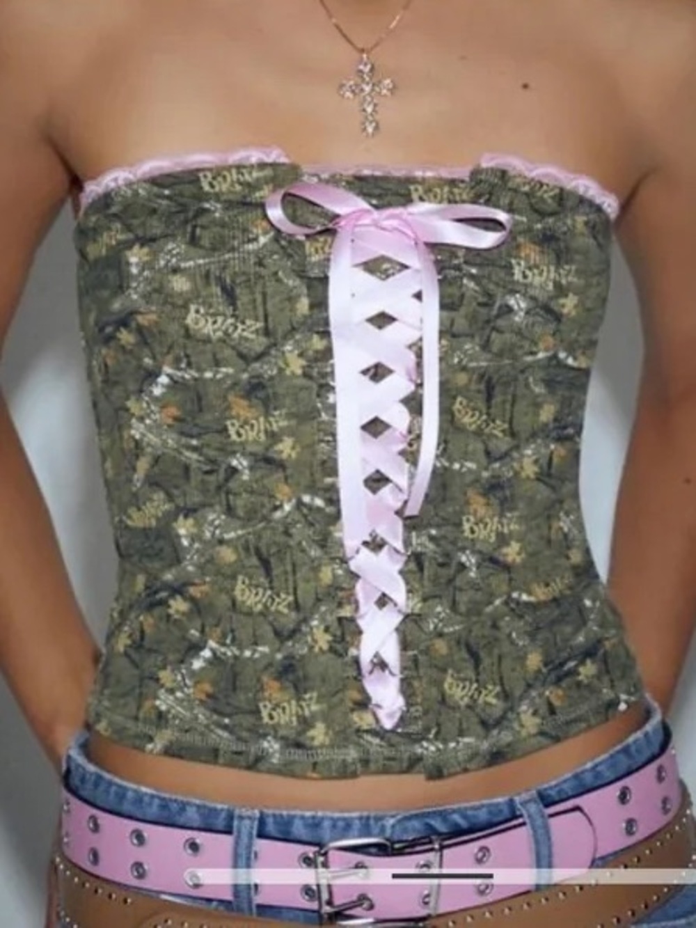 Bratz x Forever 21 Corset Top Y2K Green Camo Pink Lace Up Coquette